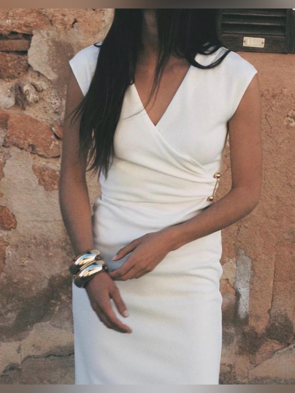 Zara White Cap-Sleeve Wrap Midi Dress with Side Button Detail
